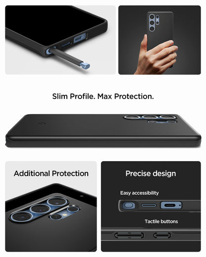 ACS08946 - Galaxy S25 Ultra Case Thin Fit (MagFit) in Black showing the Slim Profile. Max Protection. Additional Protection. Precise design, easy accessibility and tactile buttons