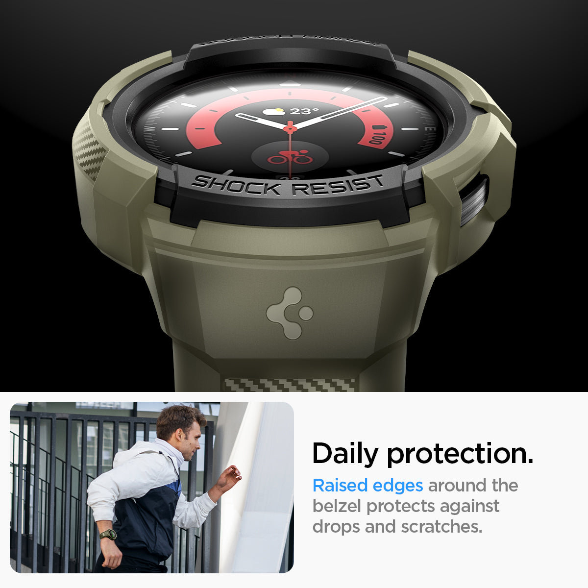 ACS05913 - Galaxy Watch 5 Pro (45mm) Case Rugged Armor Pro in vintage khaki daily protection. raised edges around the bezels protects against drops and scratches.