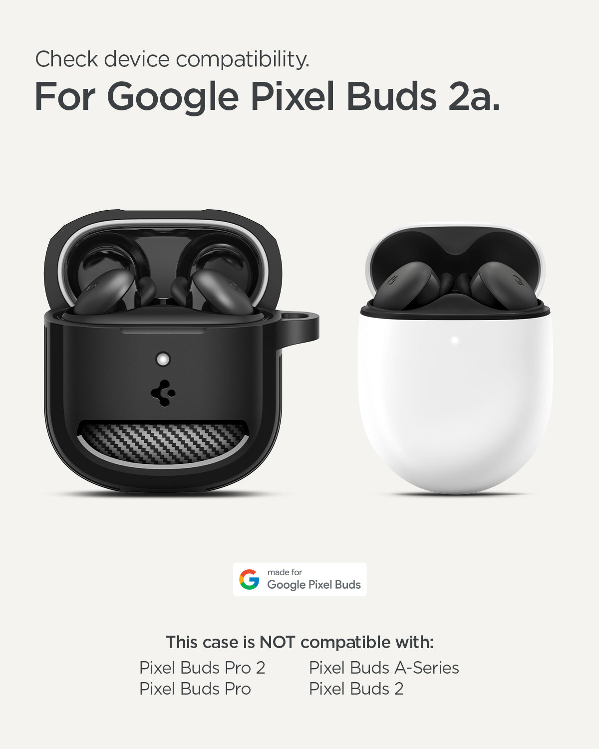 ACS09480 - Pixel Buds 2a Case Rugged Armor in black showing the compatibility. Compatible with Google Pixel Buds 2a.
