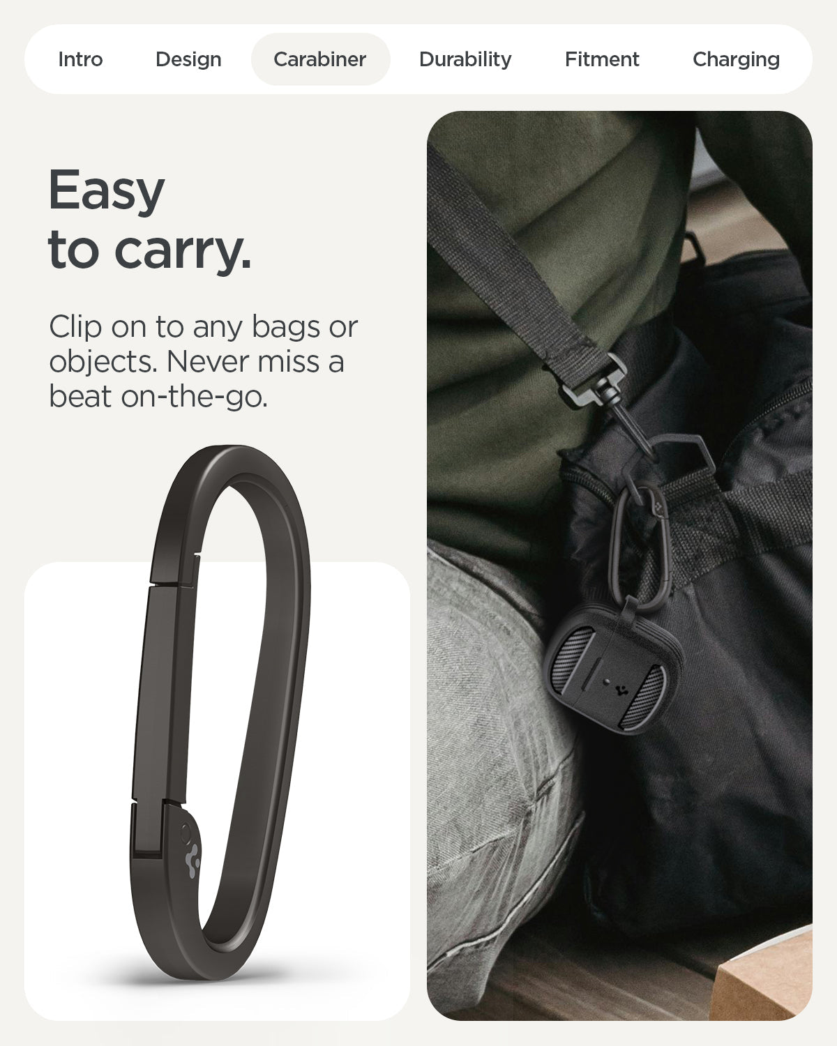 ACS09480 - Pixel Buds 2a Case Rugged Armor in black showing the easy to carry ability. Clip on to any bags or objects. Never miss a beat on the go