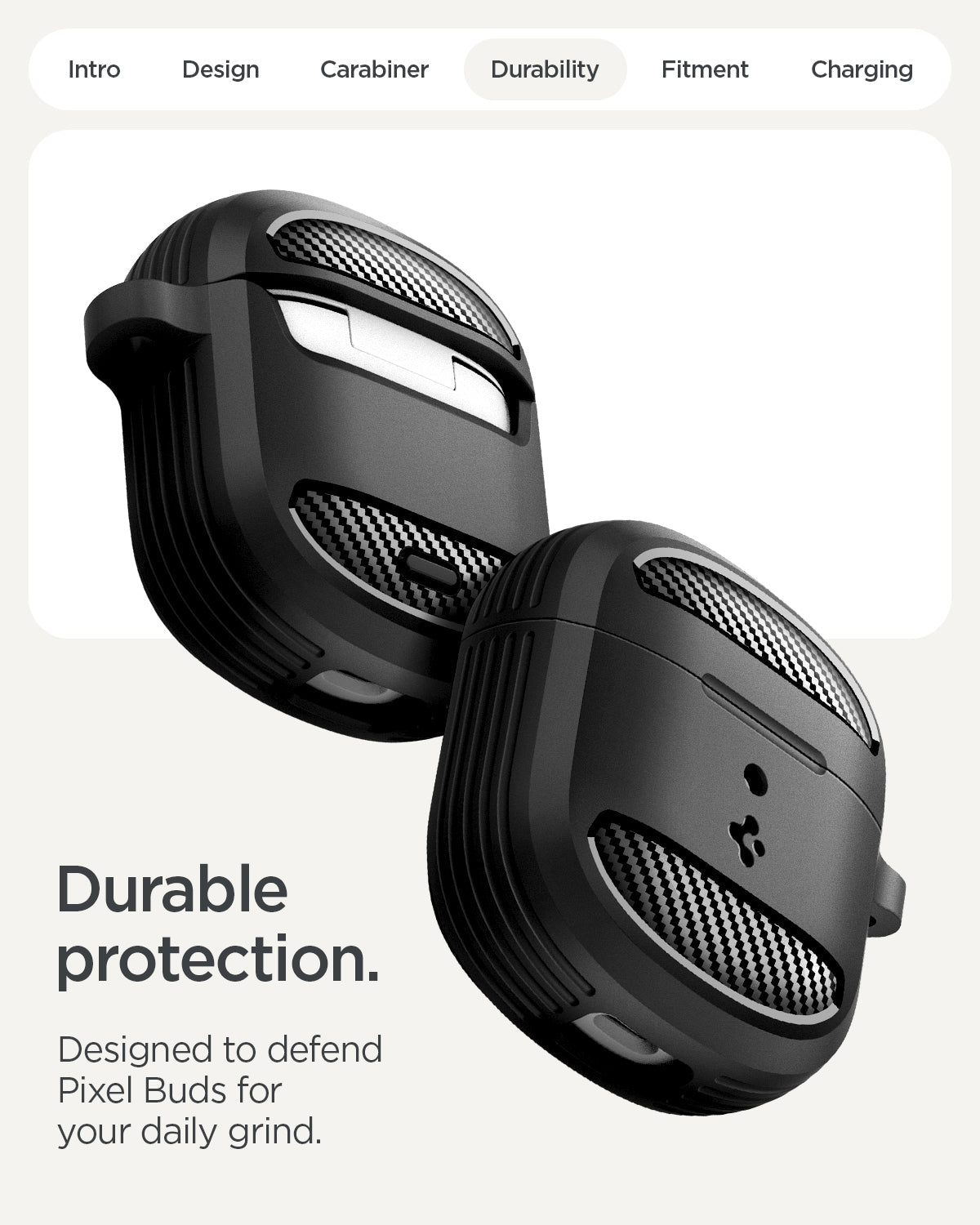ACS09480 - Pixel Buds 2a Case Rugged Armor in black showing the durable protection. Designed to defend pixel buds for your daily grind