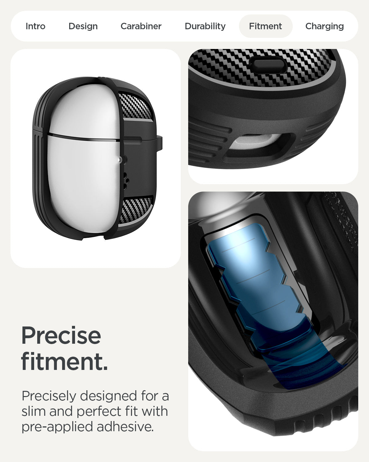 ACS09480 - Pixel Buds 2a Case Rugged Armor in black showing the precise fitment. Precisely designed for a slim and perfect fit with pre-applied adhesive