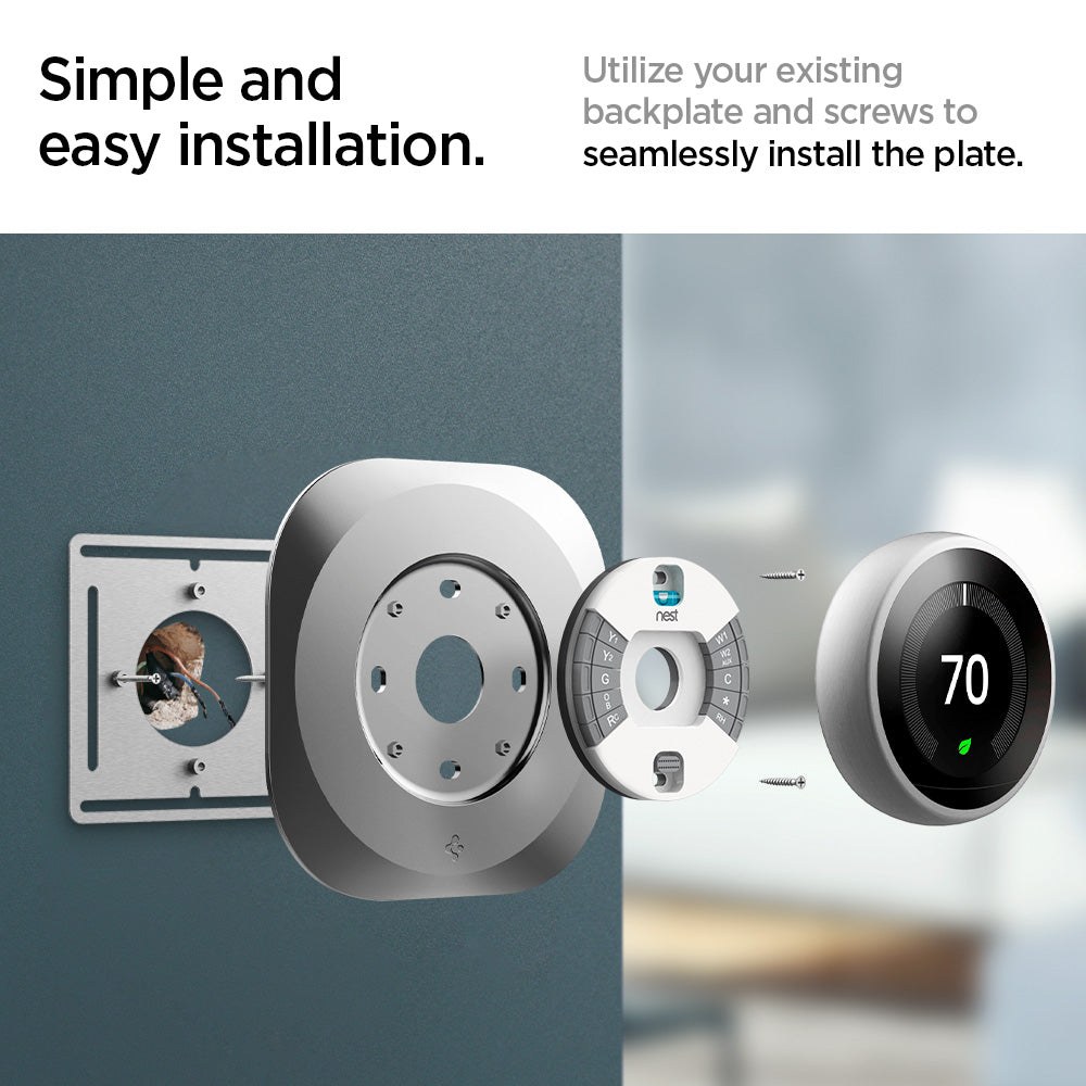 AHP03712 - Google Nest Learning Thermostat 3G Wall Plate in stainless steel showing the simple and easy installation. Utilize your existing backplate and screws to seamlessly install the plate