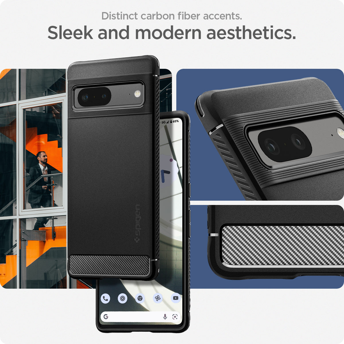 ACS04698 - Pixel 7 Case Rugged Armor in matte black distinct carbon fiber accents. sleek and modern aesthetics.