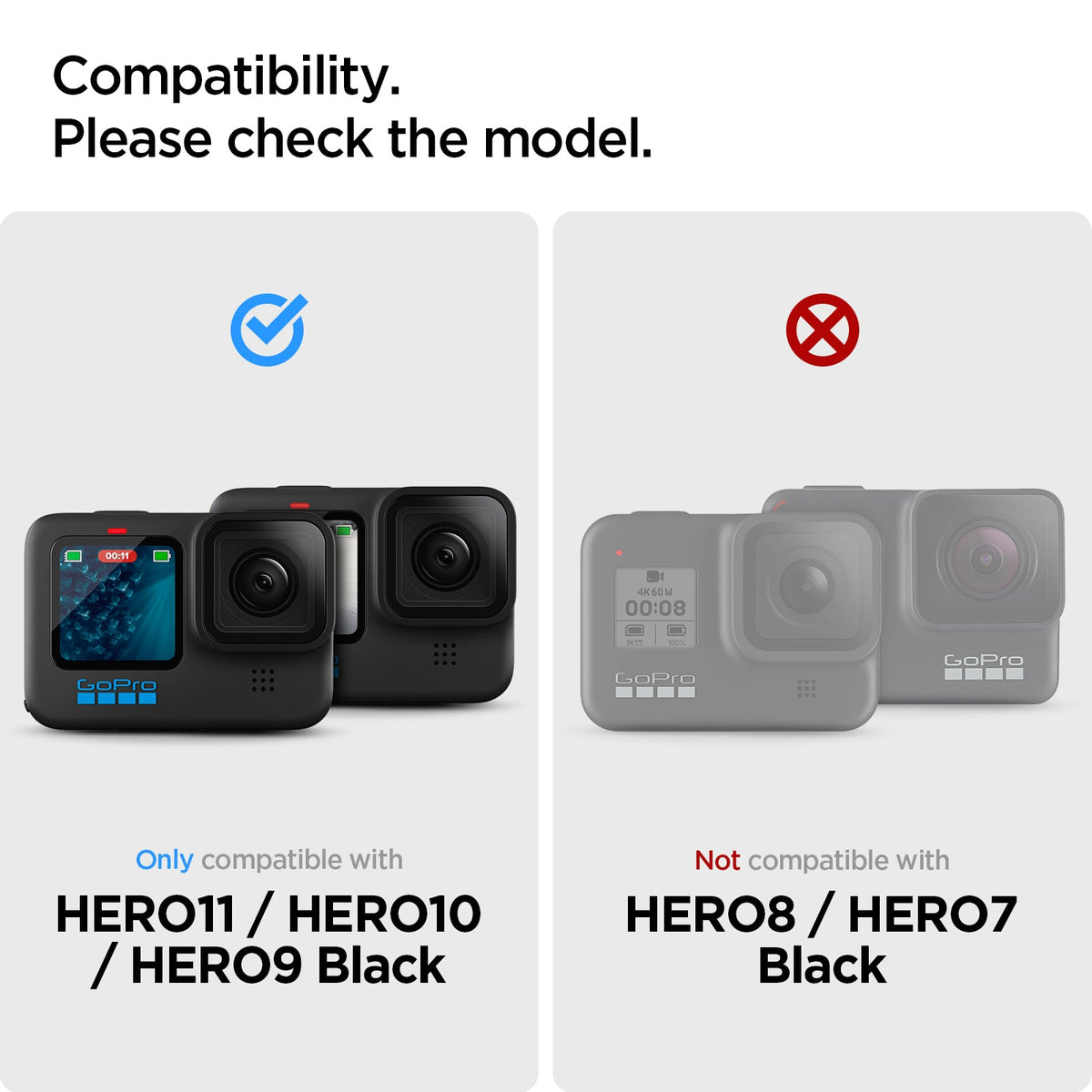 AGL03045 - HERO Series Screen Protector EZ FIT GLAS.tR showing the compatibility, please check the model, only compatible with HERO11 / HERO10 / HERO9 Black, not compatible with HERO8 / HERO7 Black