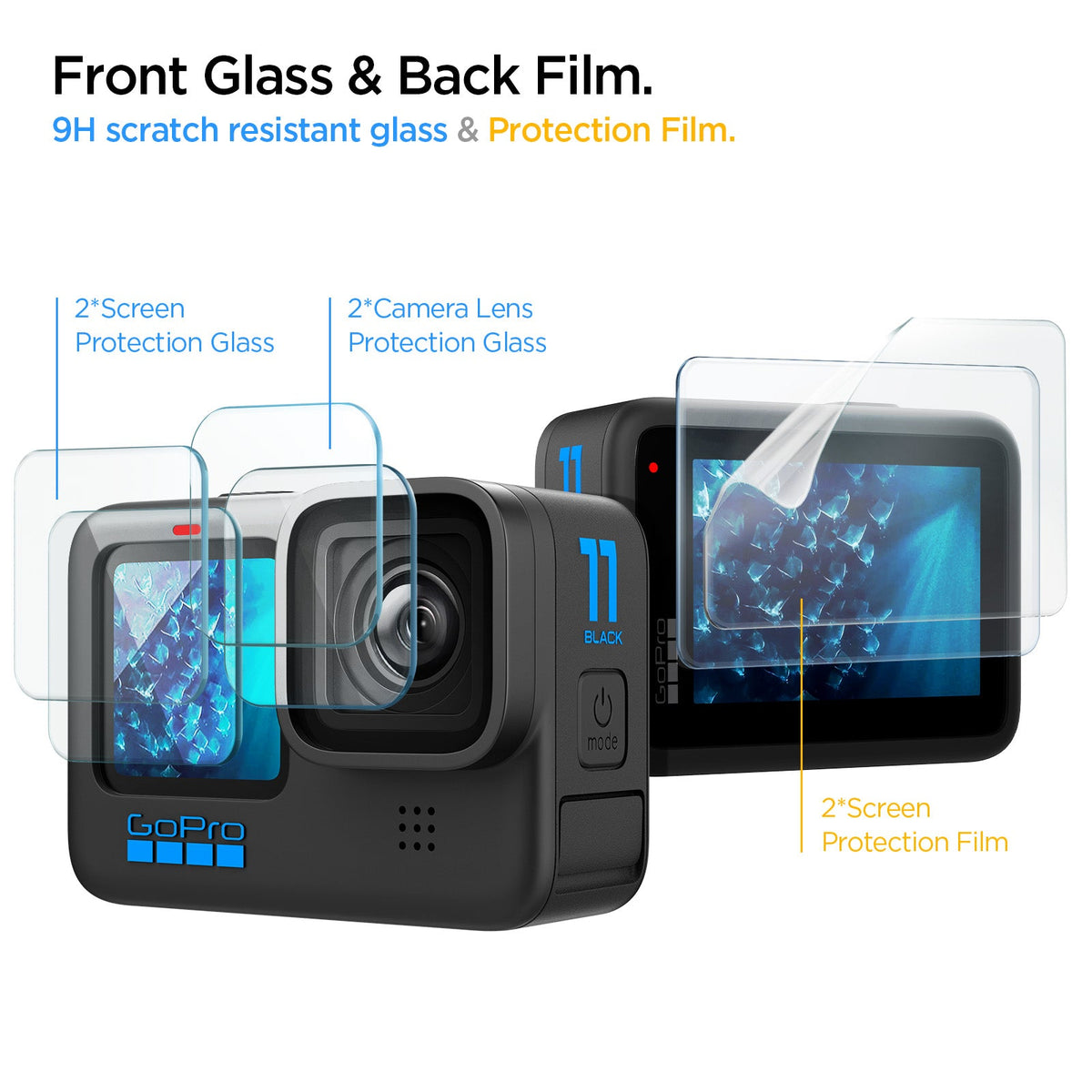 AGL03045 - HERO Series Screen Protector EZ FIT GLAS.tR showing the front glass & back film, 9H scratch resistant glass & protection film, 2*screen protection glass, 2*camera lens protection glass, 2*screen protection film