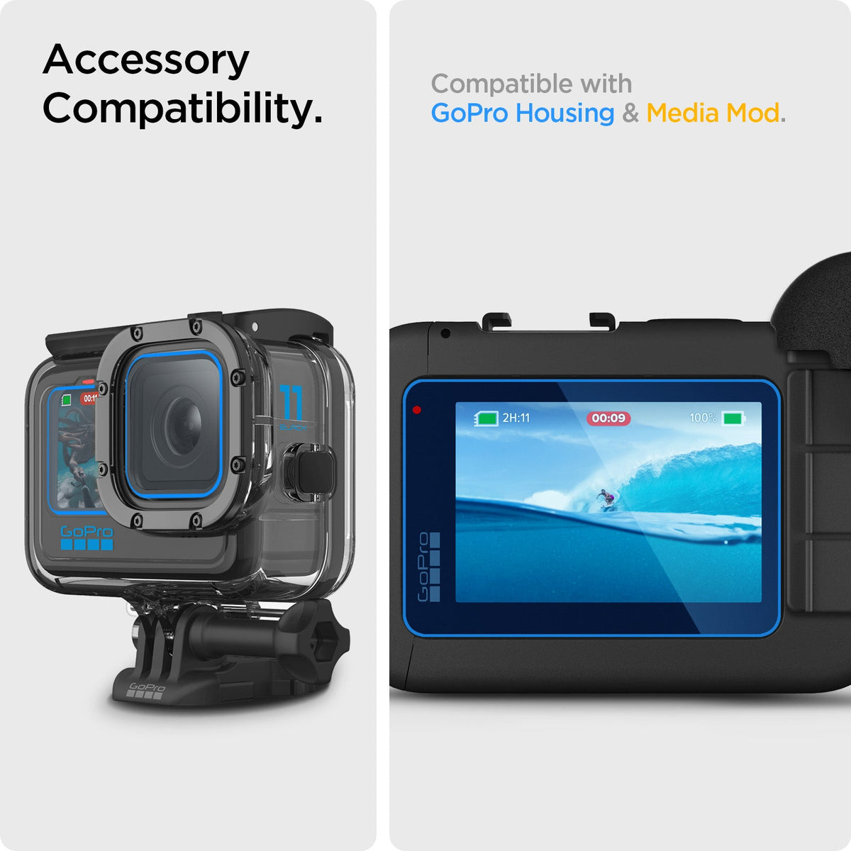 AGL03045 - HERO Series Screen Protector EZ FIT GLAS.tR showing the accessory compatibility, cmpatible with GoPro Housing & Media Mod