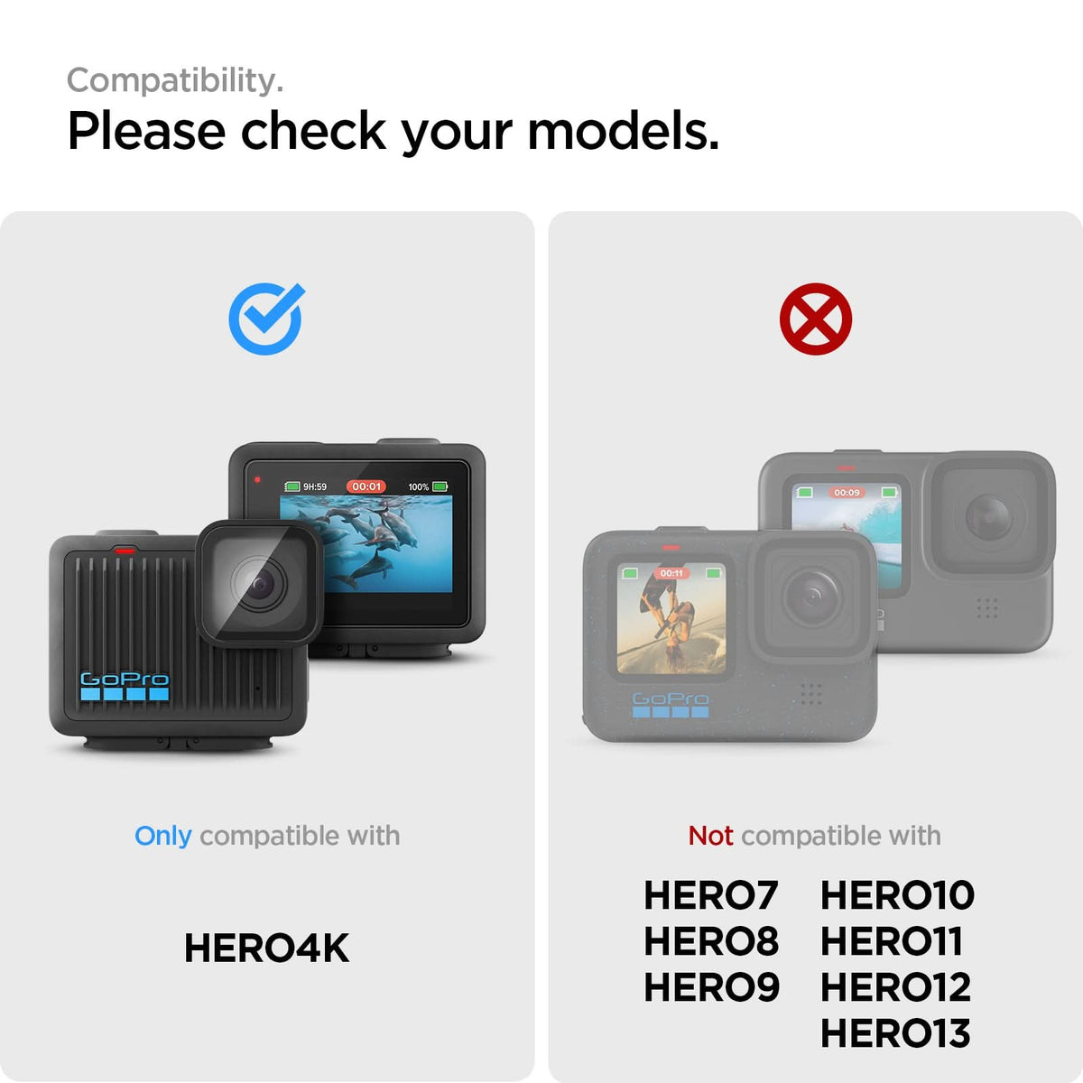 AGL09190 - HERO Glas.tR SLIM in Clear showing the compatibility. Only compatible with HERO4K and not Compatible with HERO7|8|9|10|11|12|13