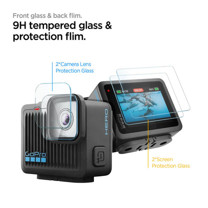 AGL09190 - HERO Glas.tR SLIM in Clear showing the front glass & back film. 2 camera lens protection glass | 2 screen protection glass