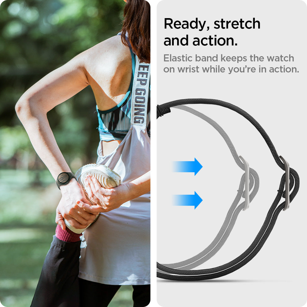 AMP04040 - Galaxy Watch Band Lite Fit (20mm) in black ready, stretch and action. Elastic band keeps the watch on wrist while you're in action.