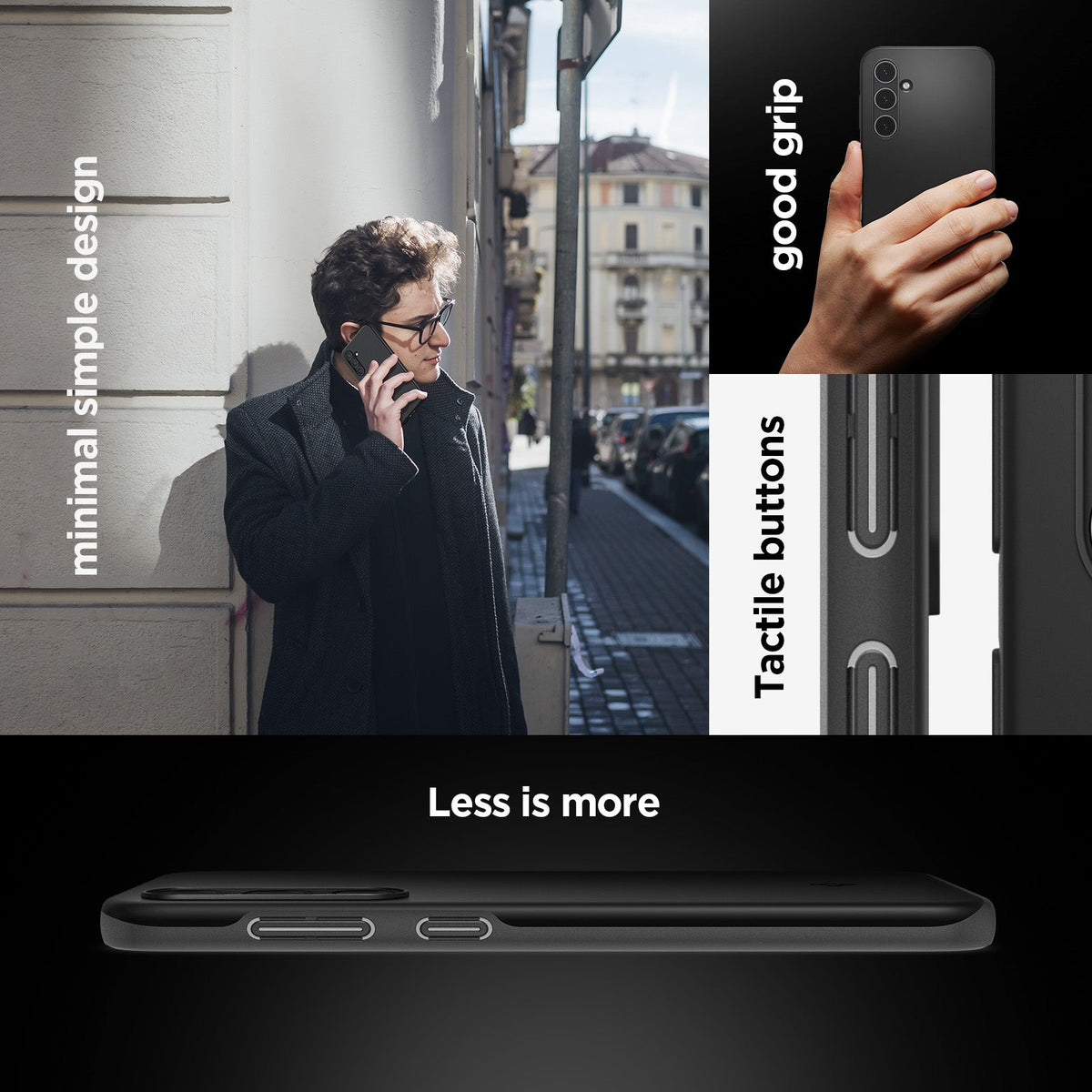 ACS06363 - Galaxy S23 FE Case Thin Fit in black showing the minimal design. Tactile buttons with good grip