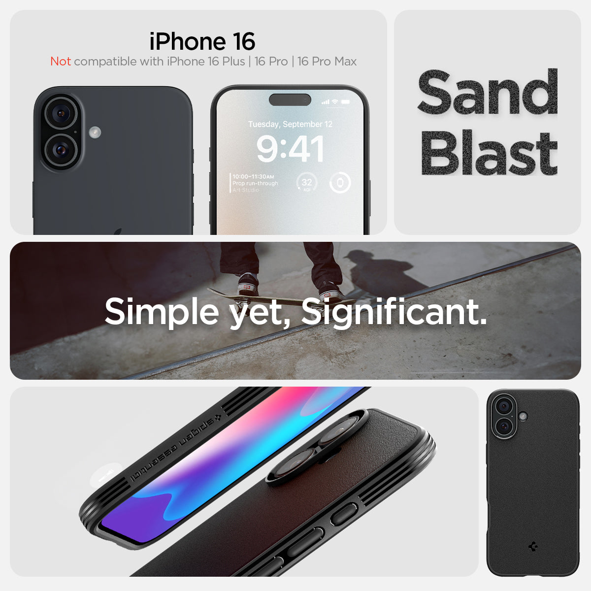 ACS08219 - iPhone 16 Sand Blast in Matte Black showing iPhone 16 pro. simple yet, significant