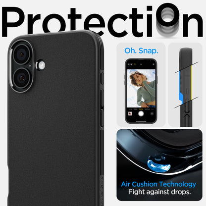 ACS08219 - iPhone 16 Sand Blast in Matte Black showing protection. air cushion technology