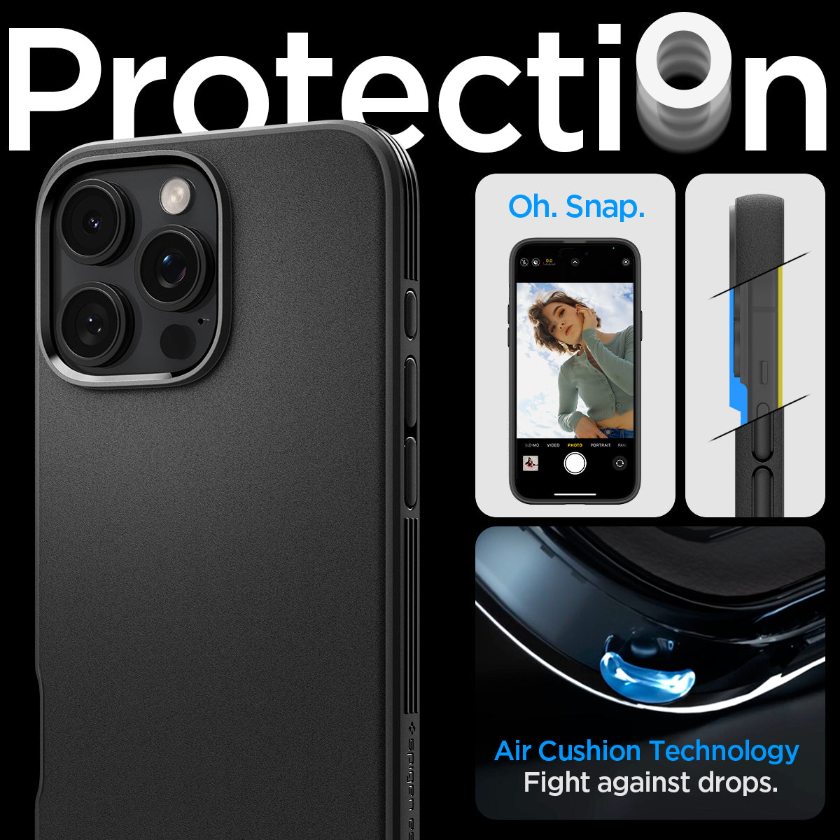 ACS08021 - iPhone 16 Pro Max Sand Blast in Matte Black showing protection. air cushion technology