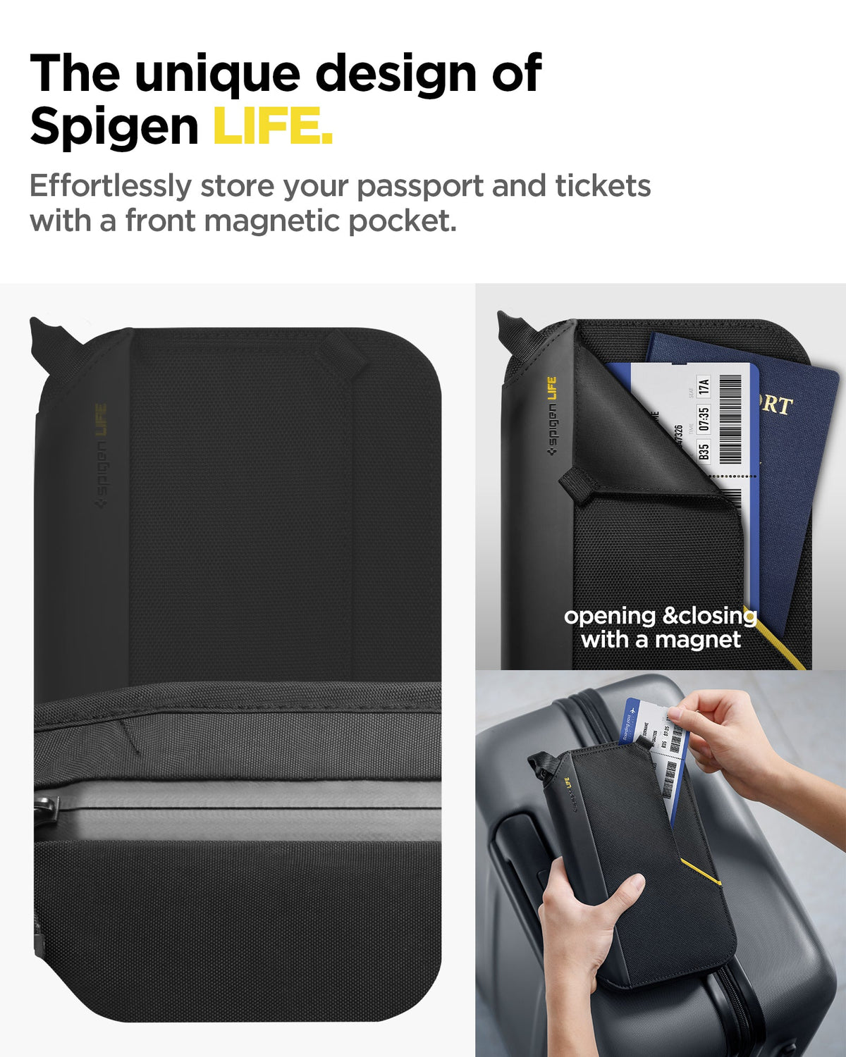 AFA07574 - Klasden Passport Organizer KD500 in Black showing the effortlessly store your passport and tickets with a front magnetic pocket