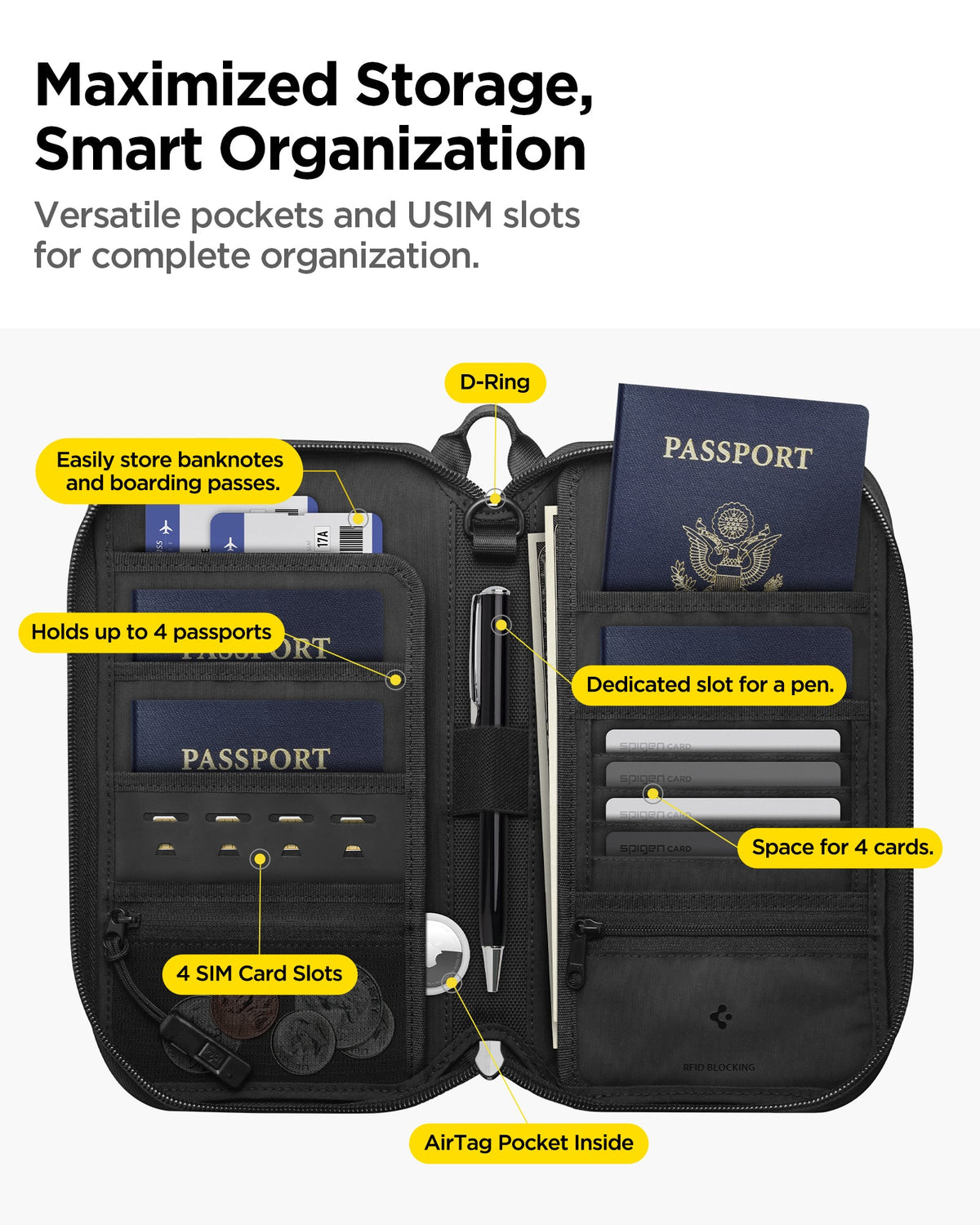AFA07574 - Klasden Passport Organizer KD500 in Black showing maximized storage, smart organization, versatile pockets and USIM slots for complete organization. Store banknotes and boarding passes, hold upto 4 passports, 4 SIM card slots, D-Ring, Dedicated slot for a pen, space for 4 cards and AirTag pocket inside