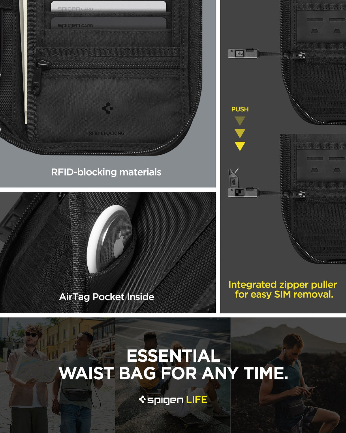 AFA07574 - Klasden Passport Organizer KD500 in Black showing the essential waist bag for any time, RFID-blocking materials, Integrated zipper puller for easy SIM removal