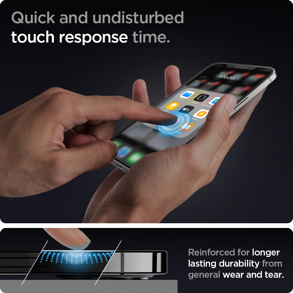 AGL01801 - iPhone 12 / iPhone 12 Pro Screen Protector EZ FIT GLAS.tR SLIM showing the quick and undisturbed touch response time. Reinforced for longer lasting durability from general wear and tear