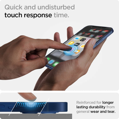 AGL01811 - iPhone 12 Mini Screen Protector EZ FIT GLAS.tR SLIM showing the quick and undisturbed touch response time. Reinforced for longer lasting durability from general wear and tear