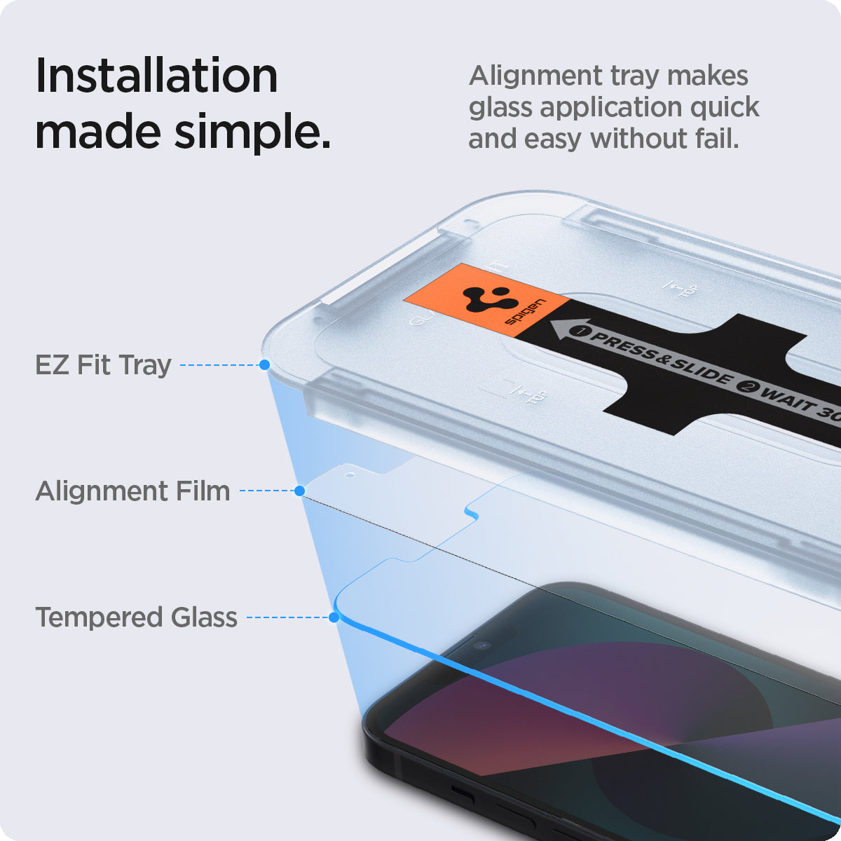 AGL03385 - iPhone 13 / iPhone 13 Pro Screen Protector EZ FIT GLAS.tR SLIM showing the installation made simple. Alignment tray makes glass application quick and easy without fail. EZ Fit Tray, Alignment Film and Tempered Glass