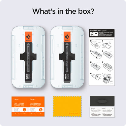 AGL03385 - iPhone 13 / iPhone 13 Pro Screen Protector EZ FIT GLAS.tR SLIM showing what's in the box? 2 screen protector with alignment tray, installation instruction, cleaning wipes, microfiber cloth and dust sticker