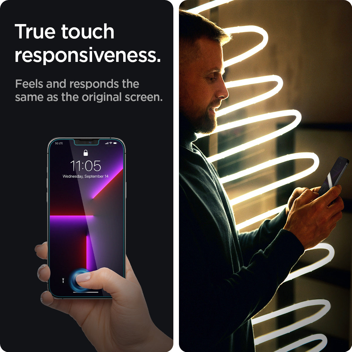 AGL03378 - iPhone 13 Pro Max Screen Protector EZ FIT GLAS.tR Privacy showing the true touch responsiveness. Feels and responds the same as the original screen