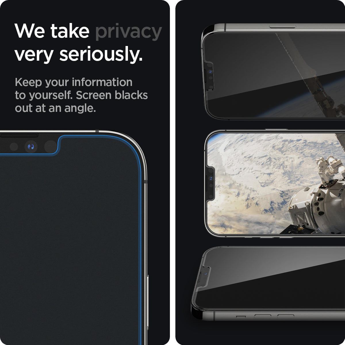 AGL03378 - iPhone 13 Pro Max Screen Protector EZ FIT GLAS.tR Privacy showing keeping your information to yourself. Screen blacks out at an angle. We take privacy very seriously