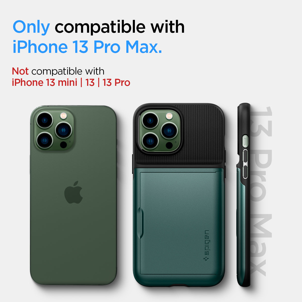 ACS04559 - iPhone 13 Pro Max Case Slim Armor CS in midnight green showing only compatible with iPhone 13 max. not compatible with iPhone 13 mini, 13 pro, 13