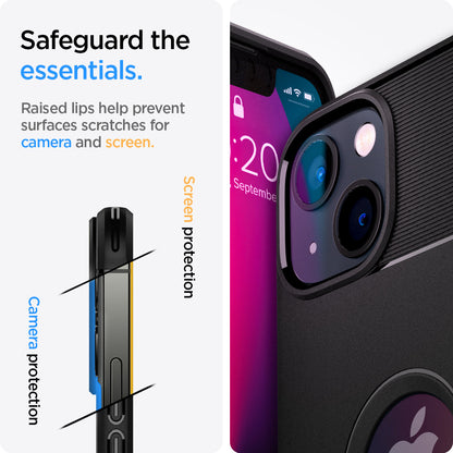 ACS03518 - iPhone 13 Case Rugged Armor in black showing the raised lips help to prevent surfaces scratches for camera and screen. Camera protection and screen protection