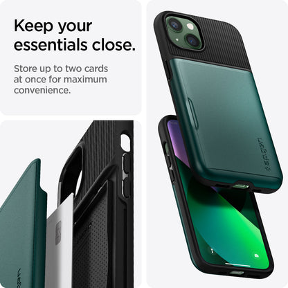 ACS04563 - iPhone 13 Case Slim Armor CS in midnight green showing keep your essentials close. Store up to two cards at once for maximum convenience.