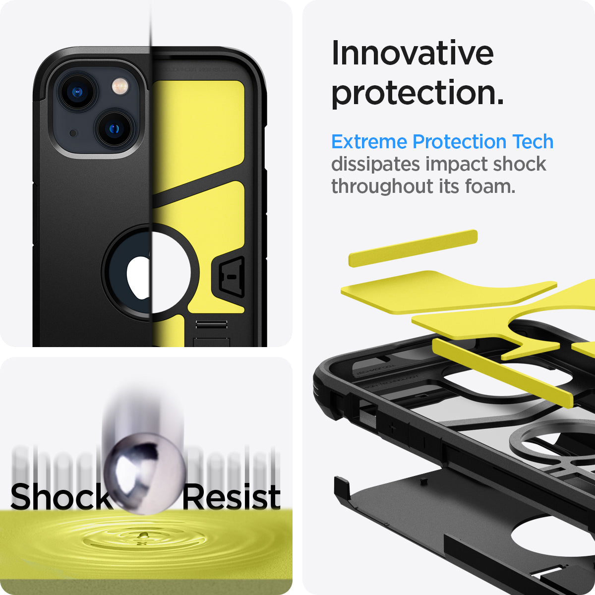 ACS03539 - iPhone 13 Case Tough Armor in black showing the innovative protection. Extreme Protection Tech dissipates impact shock throughout its foam