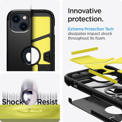 ACS03539 - iPhone 13 Case Tough Armor in black showing the innovative protection. Extreme Protection Tech dissipates impact shock throughout its foam