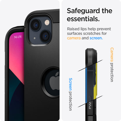 ACS03539 - iPhone 13 Case Tough Armor in black showing safeguard the essentials. Raised lips help prevent surfaces scratches for camera and screen.