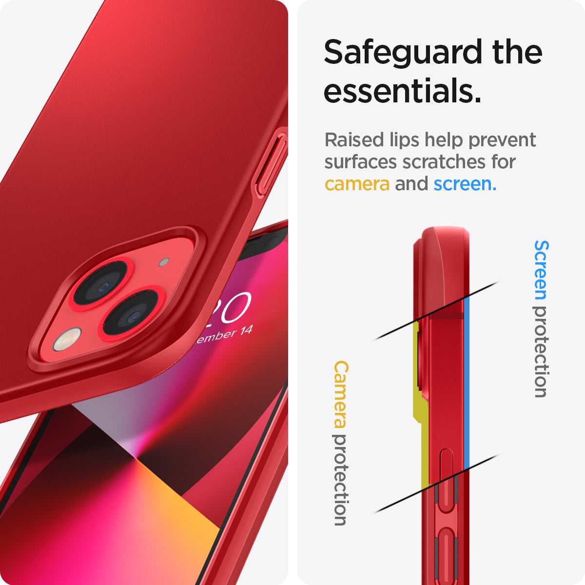 ACS03511 - iPhone 13 Case Thin Fit in red showing the raised lips help prevent surfaces scratches for camera and screen. Screen protection and Camera protection