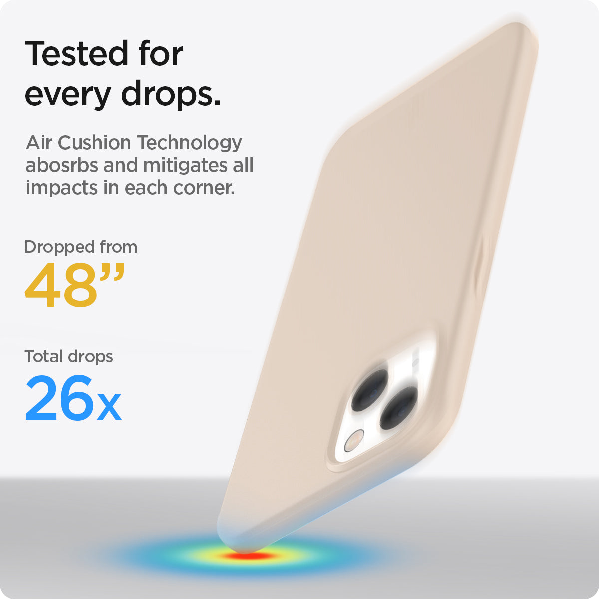 ACS03513 - iPhone 13 Case Thin Fit in sand beige showing tested for every drops with Air Cushion Technology absorbs and mitigates all impacts in each corner. Dropped from 48" | Total drops 26x
