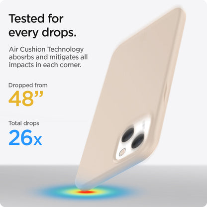 ACS03513 - iPhone 13 Case Thin Fit in sand beige showing tested for every drops with Air Cushion Technology absorbs and mitigates all impacts in each corner. Dropped from 48" | Total drops 26x