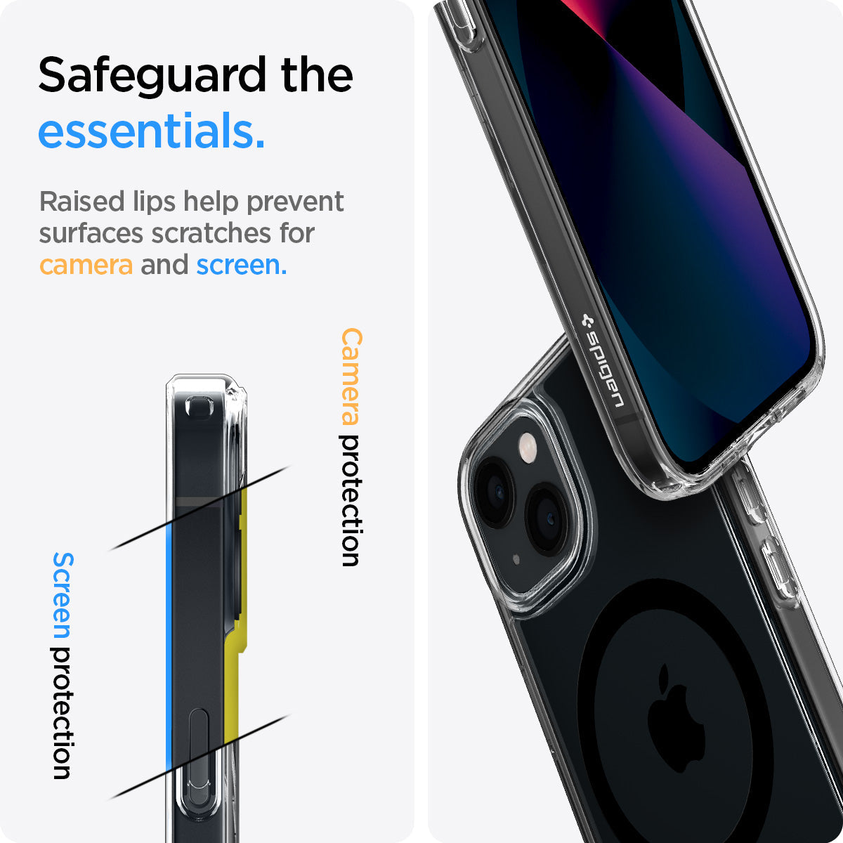 ACS03529 - iPhone 13 Case Ultra Hybrid Mag Safe Compatible in black showing the raised lips help prevent surfaces scratches for camera and screen. Screen protection and camera protection