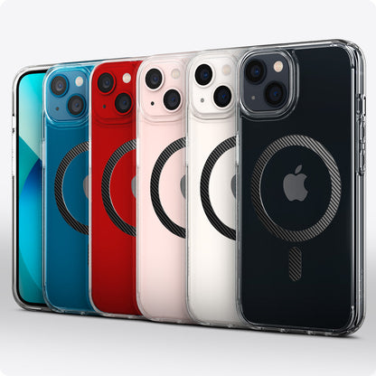 ACS04086 - iPhone 13 Case Ultra Hybrid Mag Safe Compatible in carbon fiber showing the multiple cases back and partial front showcasing different colors of the devices