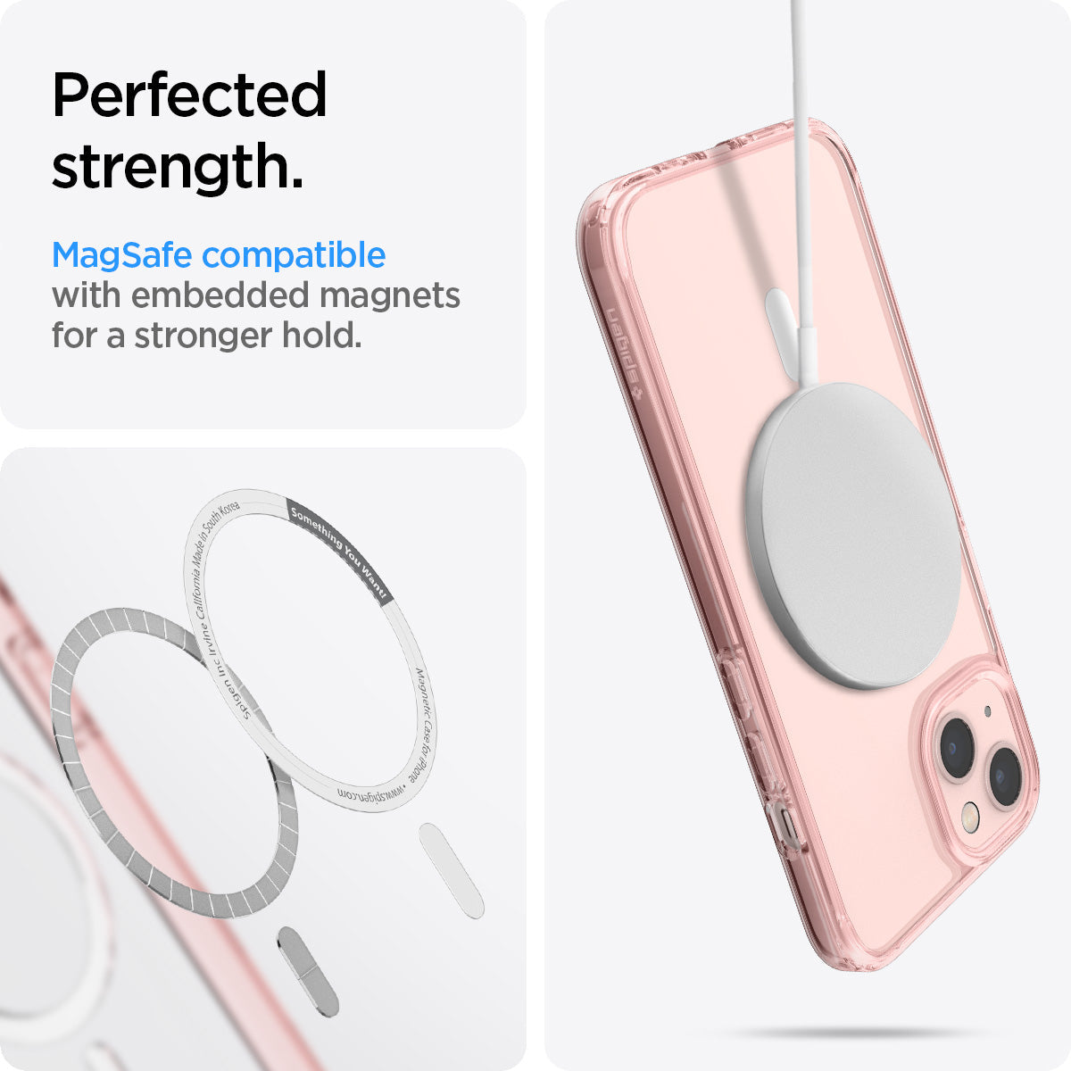 ACS03530 - iPhone 13 Case Ultra Hybrid Mag Safe Compatible in rose crystal showing the perfected strength. MagSafe compatible with embedded magnets for a stronger hold