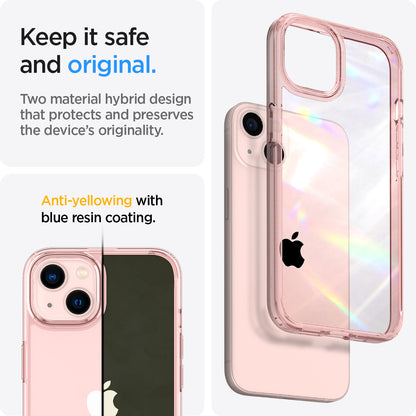 ACS03525 - iPhone 13 Case Ultra Hybrid in rose crystal showing the two material hybrid design that protects and preserves the device's originality. Anti-yellowing with blue resin coating