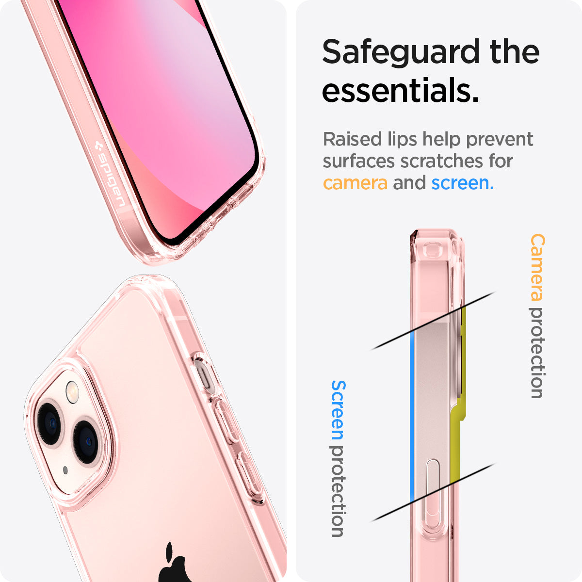 ACS03525 - iPhone 13 Case Ultra Hybrid in rose crystal showing the raised lips help prevent surfaces scratches for camera and screen. Screen protection and Camera protection