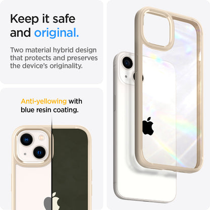 ACS03526 - iPhone 13 Case Ultra Hybrid in sand beige showing the two material hybrid design that protects and preserves the device's originality. Anti-yellowing with blue resin coating