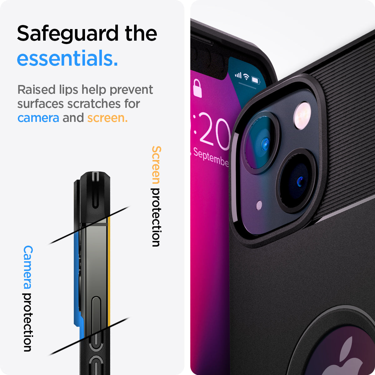 ACS03314 - iPhone 13 Mini Case Rugged Armor in matte black showing the raised lips help to prevent surfaces scratches for camera and screen. Camera protection and screen protection