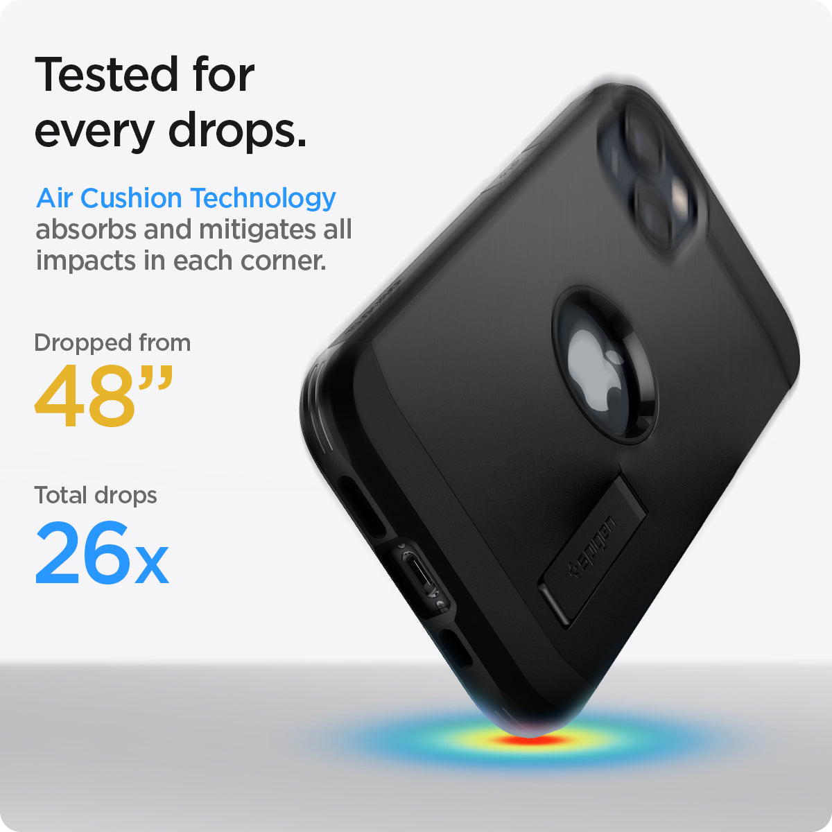 ACS03331 - iPhone 13 Mini Case Tough Armor in black showing tested for every drops. Air Cushion Technology absorbs and mitigates all impacts in each corner. Dropped from 48" | Total drops 26x
