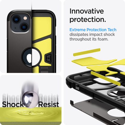 ACS03330 - iPhone 13 Mini Case Tough Armor in gunmetal showing the innovative protection. Extreme Protection Tech dissipates impact shock throughout its foam