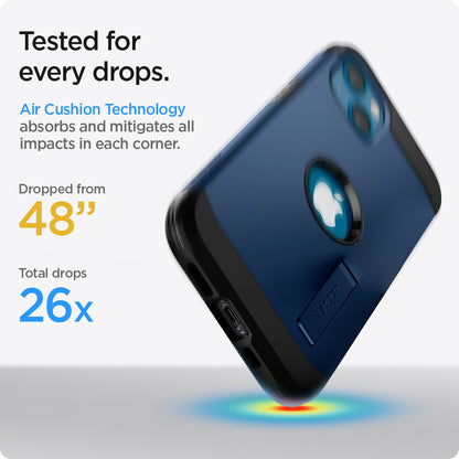 ACS03333 - iPhone 13 Mini Case Tough Armor in navy blue showing tested for every drops. Air Cushion Technology absorbs and mitigates all impacts in each corner. Dropped from 48" | Total drops 26x