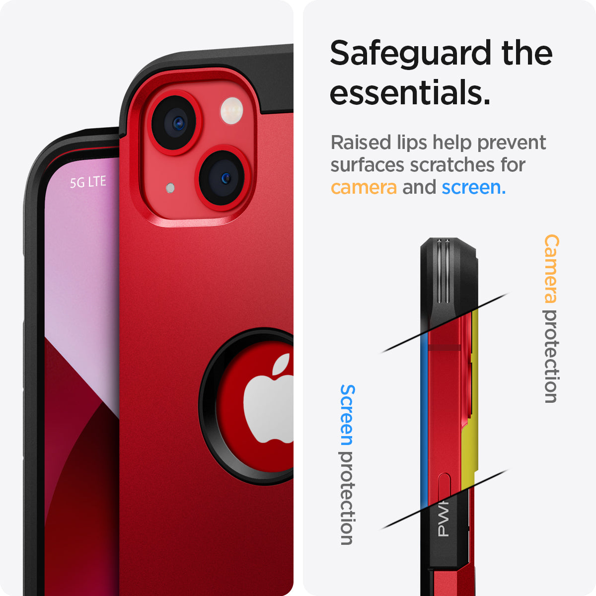 ACS03332 - iPhone 13 Mini Case Tough Armor in red showing safeguard the essentials. Raised lips help prevent surfaces scratches for camera and screen.