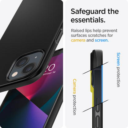 ACS03678 - iPhone 13 Mini Case Thin Fit in black showing the raised lips help prevent surfaces scratches for camera and screen. Screen protection and Camera protection