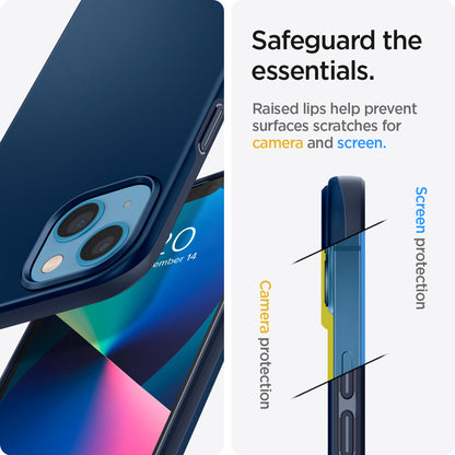 ACS03307 - iPhone 13 Mini Case Thin Fit in navy blue showing the raised lips help prevent surfaces scratches for camera and screen. Screen protection and Camera protection