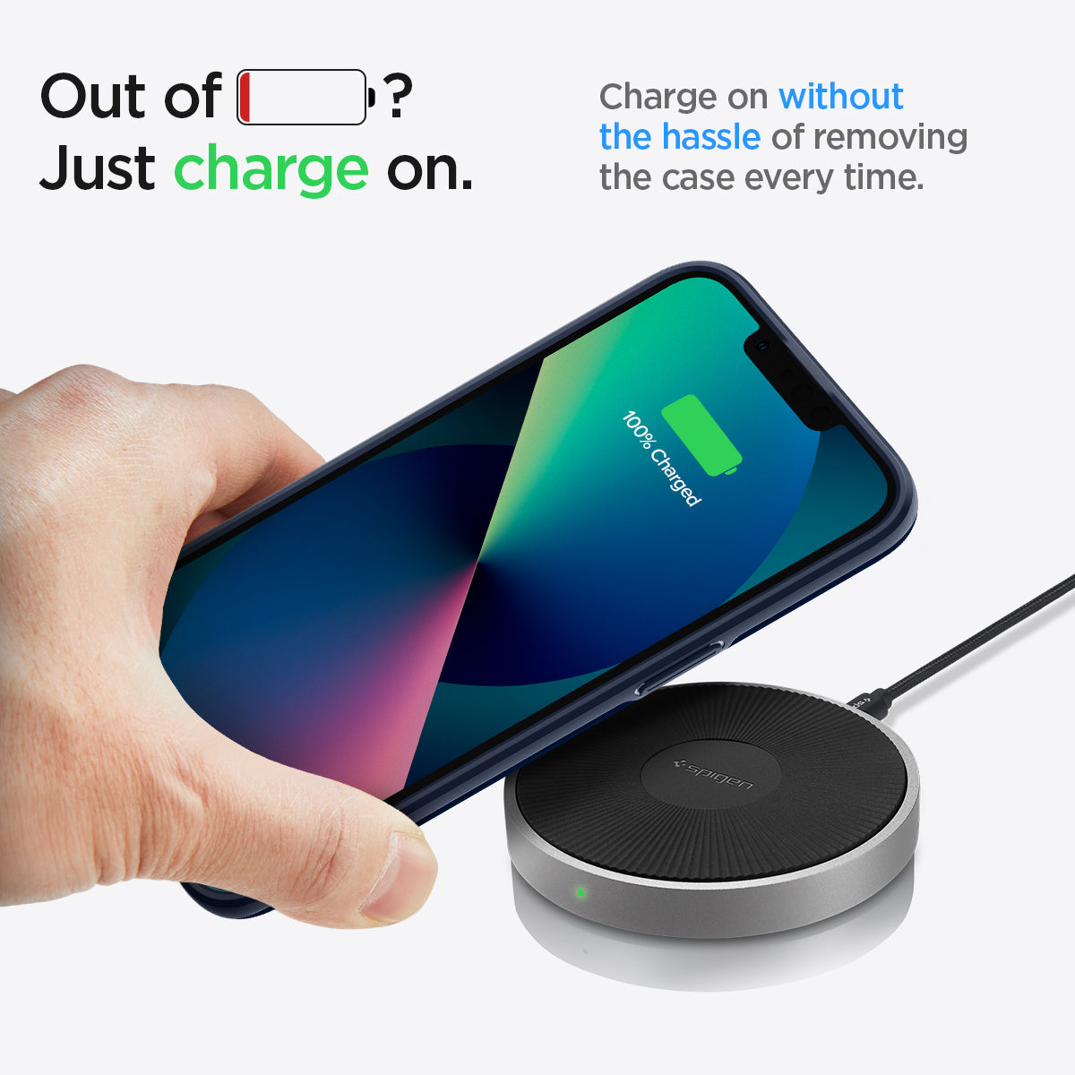 ACS03307 - iPhone 13 Mini Case Thin Fit in navy blue showing charging on without the hassle of removing the case every time